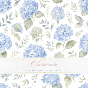 May include: A seamless pattern featuring watercolor illustrations of blue and green hydrangea flowers and foliage on a white background. The word "Chateaucore" is written in cursive across the image. The image is labeled as a JPEG 12" x 12" at 300 DPI.