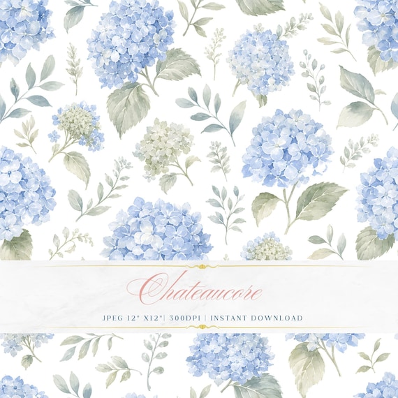 Hydrangea Watercolor Seamless Pattern, Blue Botanical Digital Paper, Garden Tile
