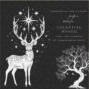 Celestial Mystic Fine Line Clipart | 57 PNGs Transparent | White Minimal Occult Alchemy Symbols | Digital Graphics | Instant Download