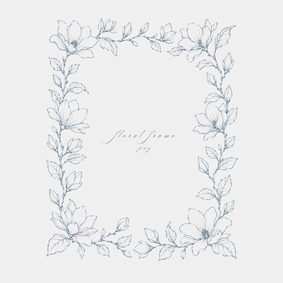 Magnolia Branches Frame PNG | Fine Line Pencil Clipart | Wedding Stationery | Transparent | 300 DPI