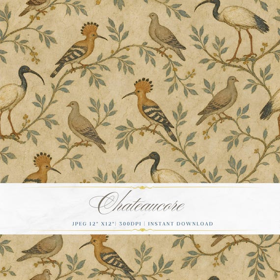 Fresco Bird Seamless Pattern JPEG Oil Painting Digital Paper Chateaucore Vintage Instant Download