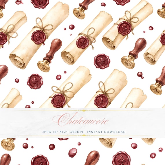 Scroll Wax Seal Watercolor Seamless Pattern, Correspondence Digital Paper, Letter Tile