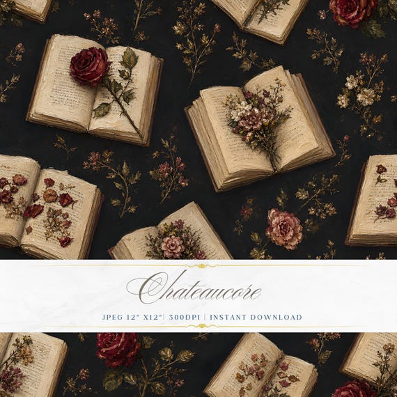 Dark Floral Book Seamless Pattern JPEG Oil Painting Rose Open Book Chateaucore Digital Download