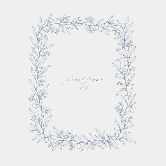 Olive Branch Frame PNG | Fine Line Pencil Clipart | Wedding Stationery | Transparent | 300 DPI