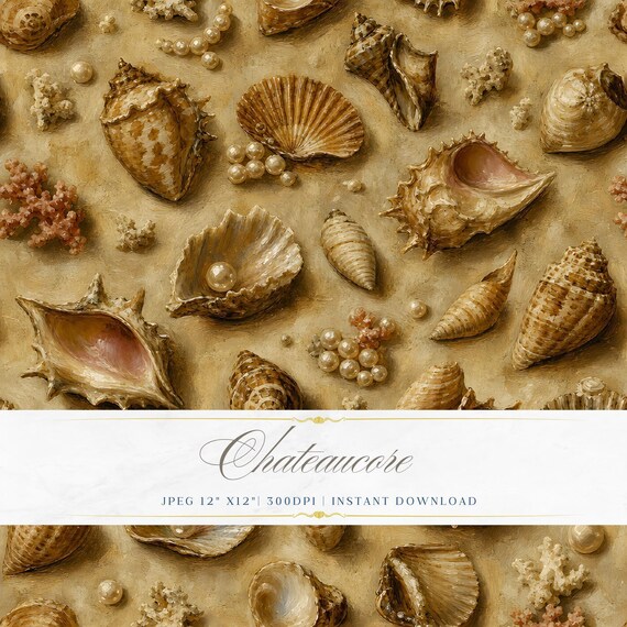 Antique Seashell Pearl Seamless Pattern, Coastal Cabinet Digital Paper, Vintage Shell Tile
