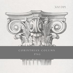 May include: A detailed black and white illustration of a Corinthian column capital. The design features ornate scrollwork, acanthus leaves, and other classical architectural elements. The text "CORINTHIAN COLUMN PNG" is displayed on a grey banner.