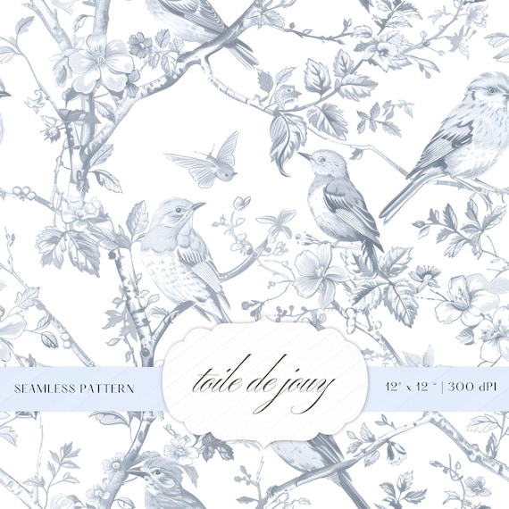Chinoiserie Birds Toile De jouy | Hand Drawn Style | Seamless Pattern | Instant Download | JPEG | High Quality | POD | Scrapbooking