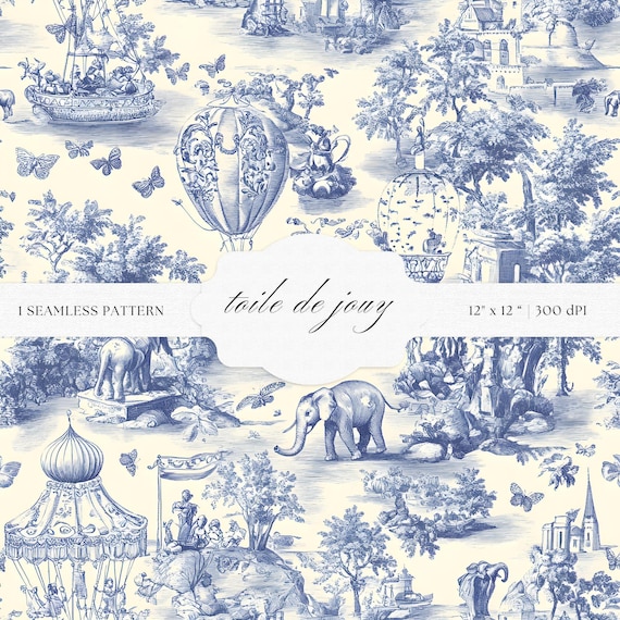 Blue Toile De Jouy Pattern | Elephant, Hot Air Balloons Art (Digital Download)