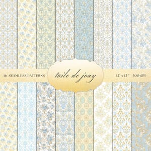 Puede incluir: Dieciséis patrones sin costuras en diseños florales y damascos en azul claro, crema y dorado. Los patrones están dispuestos en columnas verticales. La imagen incluye el texto "toile de jouy" y "12" x 12" | 300 DPI".