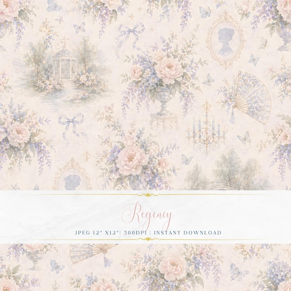 Regency Garden Pattern JPEG | Watercolor Gazebo Bridge Wisteria Peony Cameo Chandelier Fan Lavender Cream Digital Paper 300 DPI