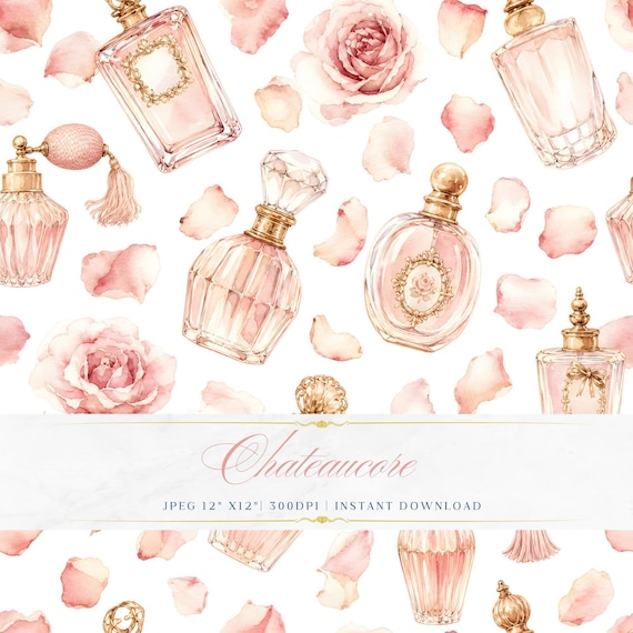 Perfume Bottle Watercolor Seamless Pattern, Boudoir Digital Paper, Rose Petal Tile