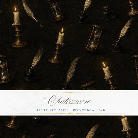 Dark Candle Quill Seamless Pattern, Gothic Study Digital Paper, Antique Candlelight Tile