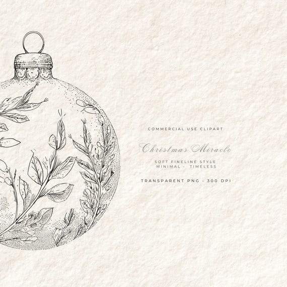 Elegant Christmas PNG, Minimal Line Art Ornaments, Holiday PNG Bundle, Neutral Decor