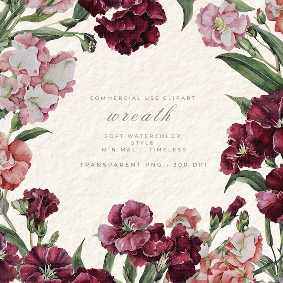 Watercolor Wreath PNG Clipart Download, Transparent Floral Digital Sticker, Planner Scrapbook Art, Commercial Use Instant Download