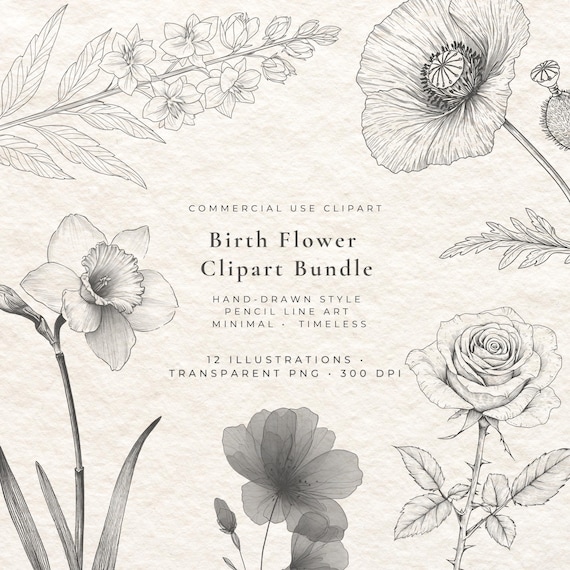 Birth Flower Clipart Bundle, Minimalist Botanical PNG, Tattoo Flash (Commercial Use)