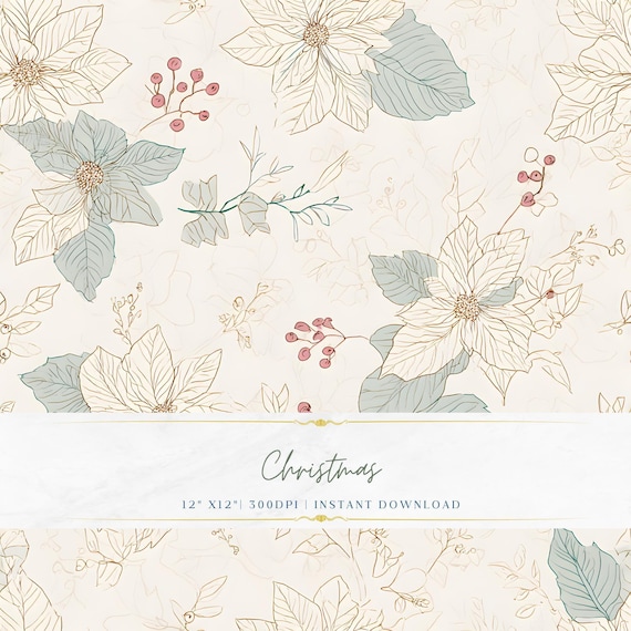 Luxury Christmas Seamless Pattern, Minimal Fine Line Holiday PNG, Vintage Digital Paper