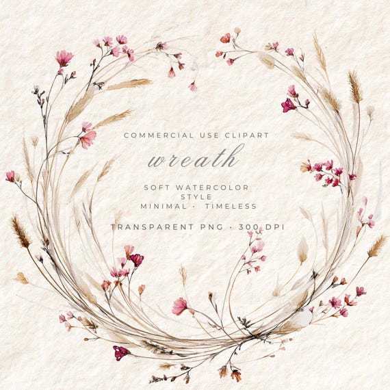 Wildflower Wreath PNG Clipart Transparent, Watercolor Botanical Floral Art, Scrapbooking Junk Journal Download, Commercial Use
