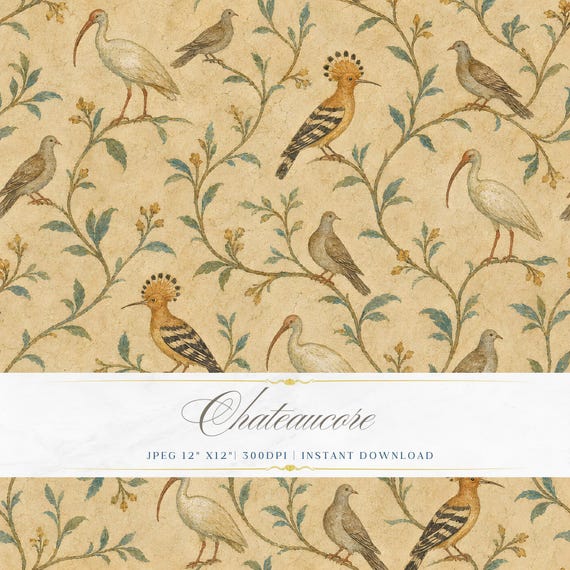 Bird Toile Seamless Pattern JPEG Oil Painting Digital Paper Vintage Chateaucore Antique Instant Download