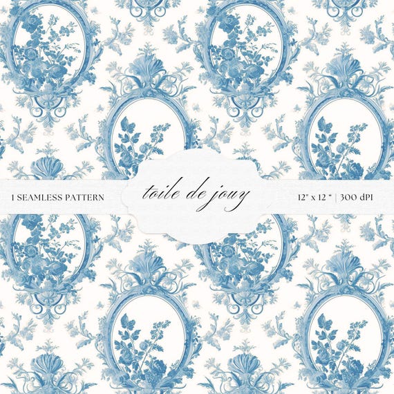 Blue Toile De Jouy Pattern | Floral Baroque Art Print (Digital Download)