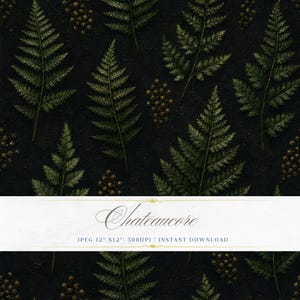 May include: A dark, textured background features scattered dark green fern leaves and small brown seed clusters. A white banner displays the word "Chateaucore" in script. The image is labeled as a JPEG 12" x 12" at 300 DPI.