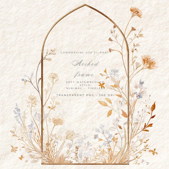 Floral Arch Frame PNG, Botanical Wedding Arch Clipart, Gold Arched Window Frame, Wildflower Border, Neutral Boho Invitation Frame