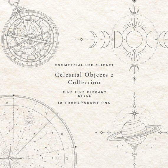Celestial Astronomy Branding Elements PNG Bundle, 10 Fine Line Vintage Astrolabe Illustrations Commercial Use, Digital Download Pack