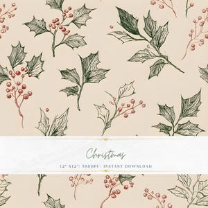 Pode incluir: Padrão sem costura com folhas de azevinho desenhadas à mão e bagas vermelhas sobre um fundo creme. O design inclui a palavra "Christmas" e as dimensões 30,48 cm x 30,48 cm. Este padrão festivo é adequado para projetos com tema de feriado.