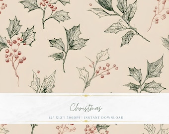Elegant Christmas Pattern PNG, Seamless Vintage Holiday Design, Fine Line Minimal Digital Paper