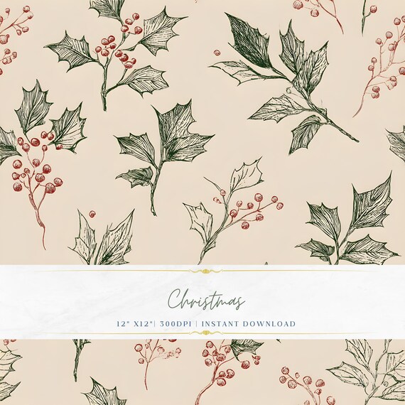 Elegant Christmas Pattern PNG, Seamless Vintage Holiday Design, Fine Line Minimal Digital Paper
