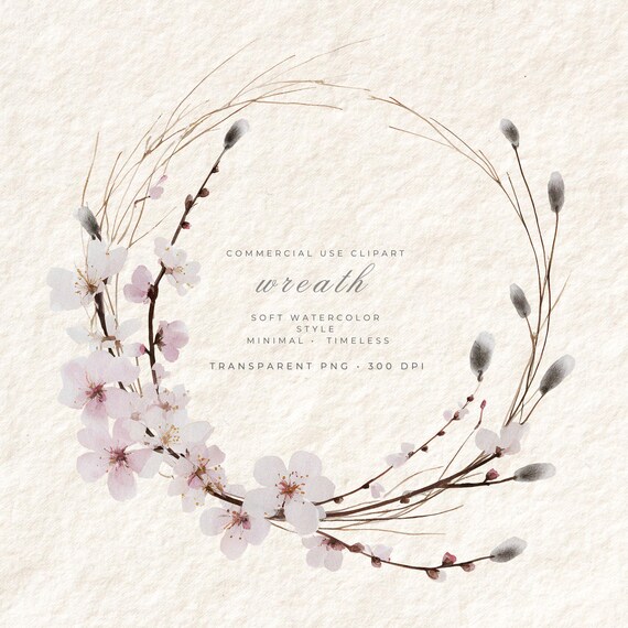 Cherry Blossoms Wreath PNG Clipart, Wildflower Transparent Background Art, Digital Download Commercial Use, Boho Floral Stationery