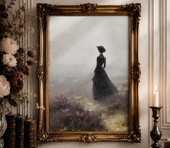 Foggy Moors Woman Wall Art | Black Gown Hat Heather Oil Painting | Gothic Romantic Landscape Decor Digital Download