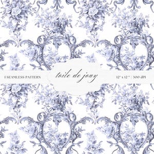 Wzór Toile De Jouy w kolorze niebieskim i białym | Pobieranie cyfrowe w stylu barokowym do rękodzieła, bezszwowe wydruki artystyczne