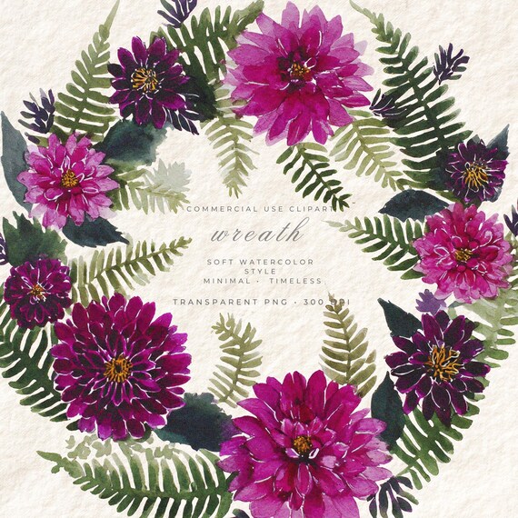 Dahlias Watercolor Wreath PNG Clipart, Wildflower Floral Transparent Background, Digital Download Stationery, Commercial Use
