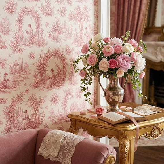 Pink Toile de Jouy Pattern, Romantic Garden Scene, Vintage Seamless Digital Paper