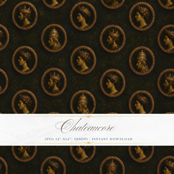 Cameo Portrait Seamless Pattern JPEG Oil Painting Digital Paper Renaissance Dark Chateaucore Download