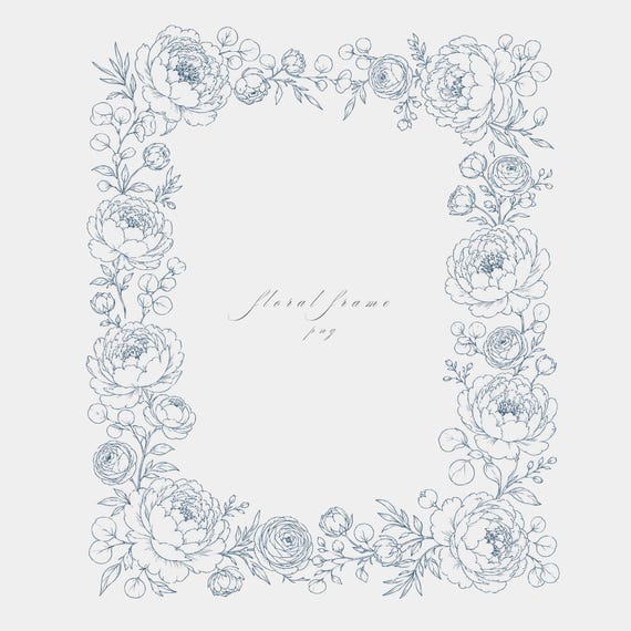 Peony Ranunculus Frame PNG | Fine Line Pencil Clipart | Wedding Stationery | Transparent | 300 DPI