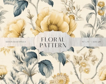 Blue & Yellow Floral Pattern | Seamless Art Print (Digital Download)