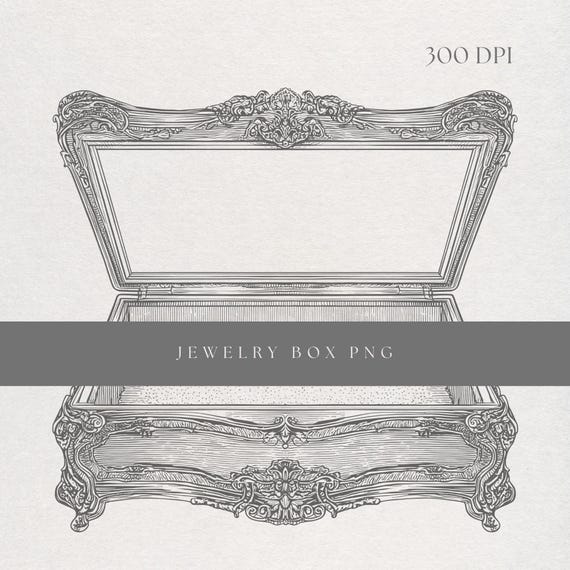 Jewelry Box Clipart PNG | Fine Line Antique Trinket Box | Transparent Background | Digital Download Vintage Keepsake Art