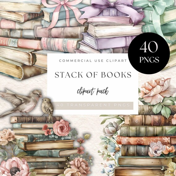 Watercolor Stack of Books Clipart | Floral Vintage PNGs (40)