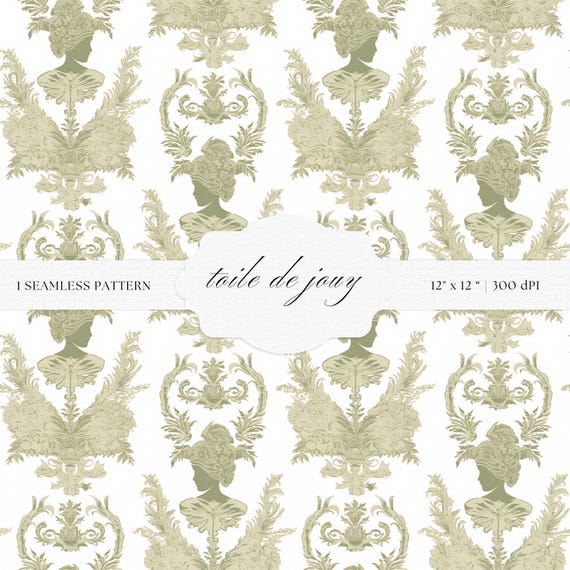 Olive Green Toile de Jouy Pattern | Baroque Floral Art (Digital Download)