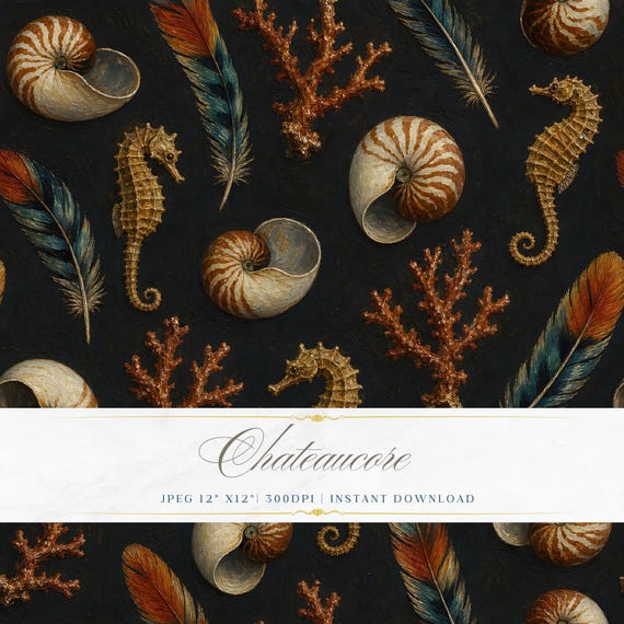 Wunderkammer Ocean Seamless Pattern JPEG Oil Painting Seahorse Shell Chateaucore Digital Download