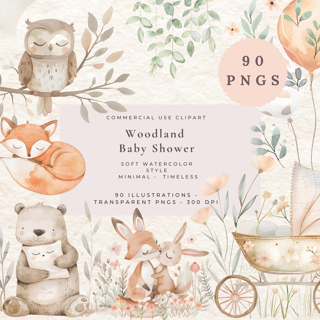 Woodland Baby Shower Clipart Bundle, Cute Forest Animals PNG ...