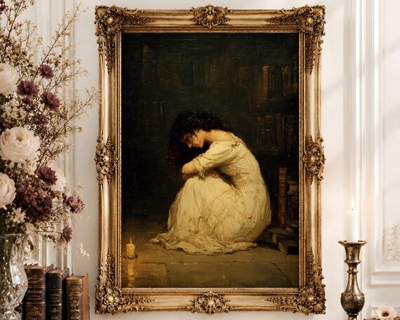 Dark Library Floor Woman Wall Art | Candlelit Oil Painting Print | Moody Romantic Feminine Decor Digital Download