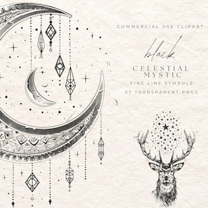 Puede incluir: Clipart de temática celestial en blanco y negro con una luna creciente, formas geométricas colgantes y una cabeza de ciervo con un cielo estrellado. El texto dice "Black Celestial Mystic Fine Line Symbols 57 Transparent PNGs."