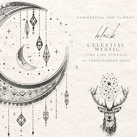 Celestial Fine Line Clipart | Mystic Alchemy Symbols (57 PNGs)