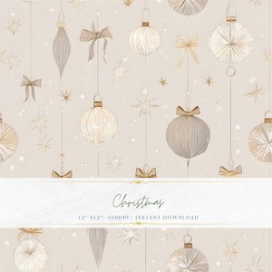 Pode incluir: Padrão repetido de enfeites de Natal, laços e estrelas em aquarela em tons de ouro, bege e branco. A palavra "Christmas" está escrita em itálico em uma faixa branca. Download digital.
