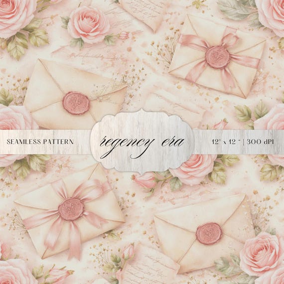 Romantic Seamless Pattern, Vintage Letters Roses Digital Paper, Wax Seal Floral Background, Shabby Chic Wedding Stationery Design, JPEG