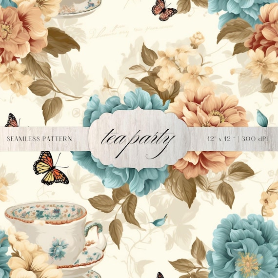 Tea Party Floral Seamless Pattern | Cottagecore Background (Digital Download)