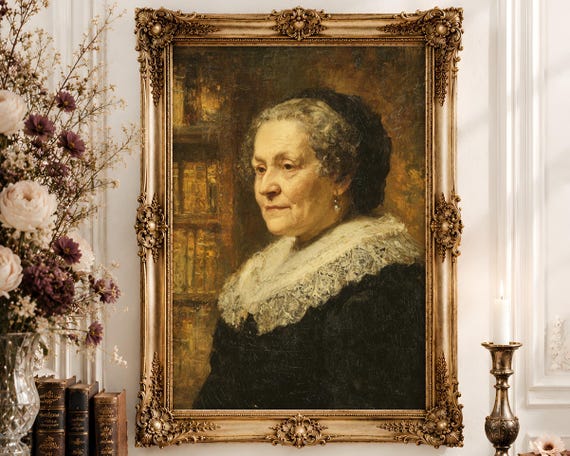 Victorian Elder Woman Portrait Wall Art | Black Lace Collar Oil Painting | Dark Library Dignified Decor Digital Download