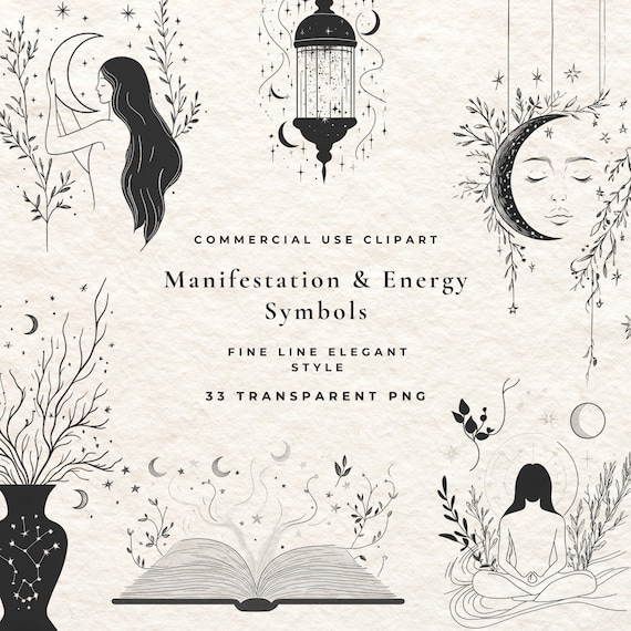 Manifestation Clipart, Spiritual Line Art Bundle, Celestial PNG, Witchy Minimalist Illustrations, Moon Symbols, Wellness Logo Kit